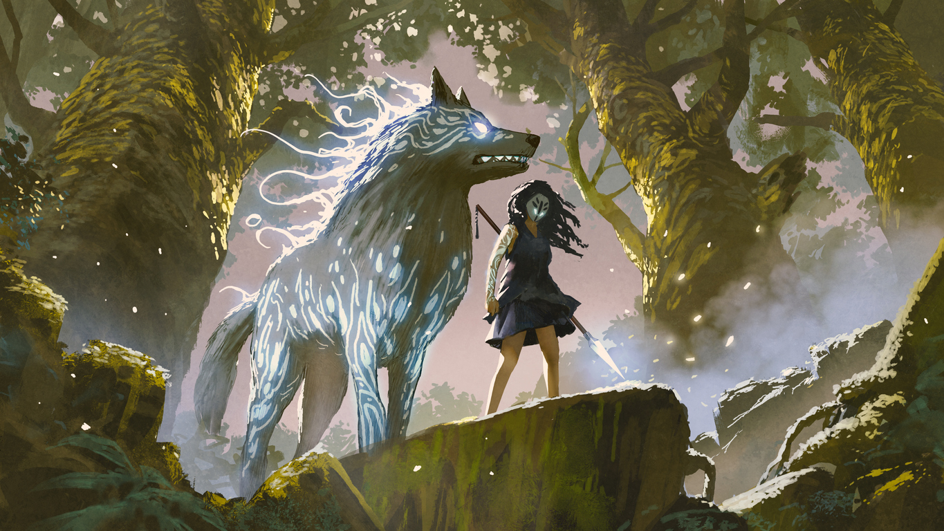 Girl and wolf in a wild wood