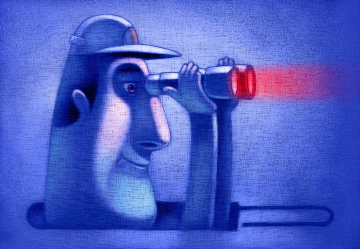 Strange illustration of a blue coloured man looking through binoculars
