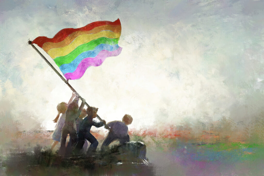 Oil painting of children hoisting a rainbow flag