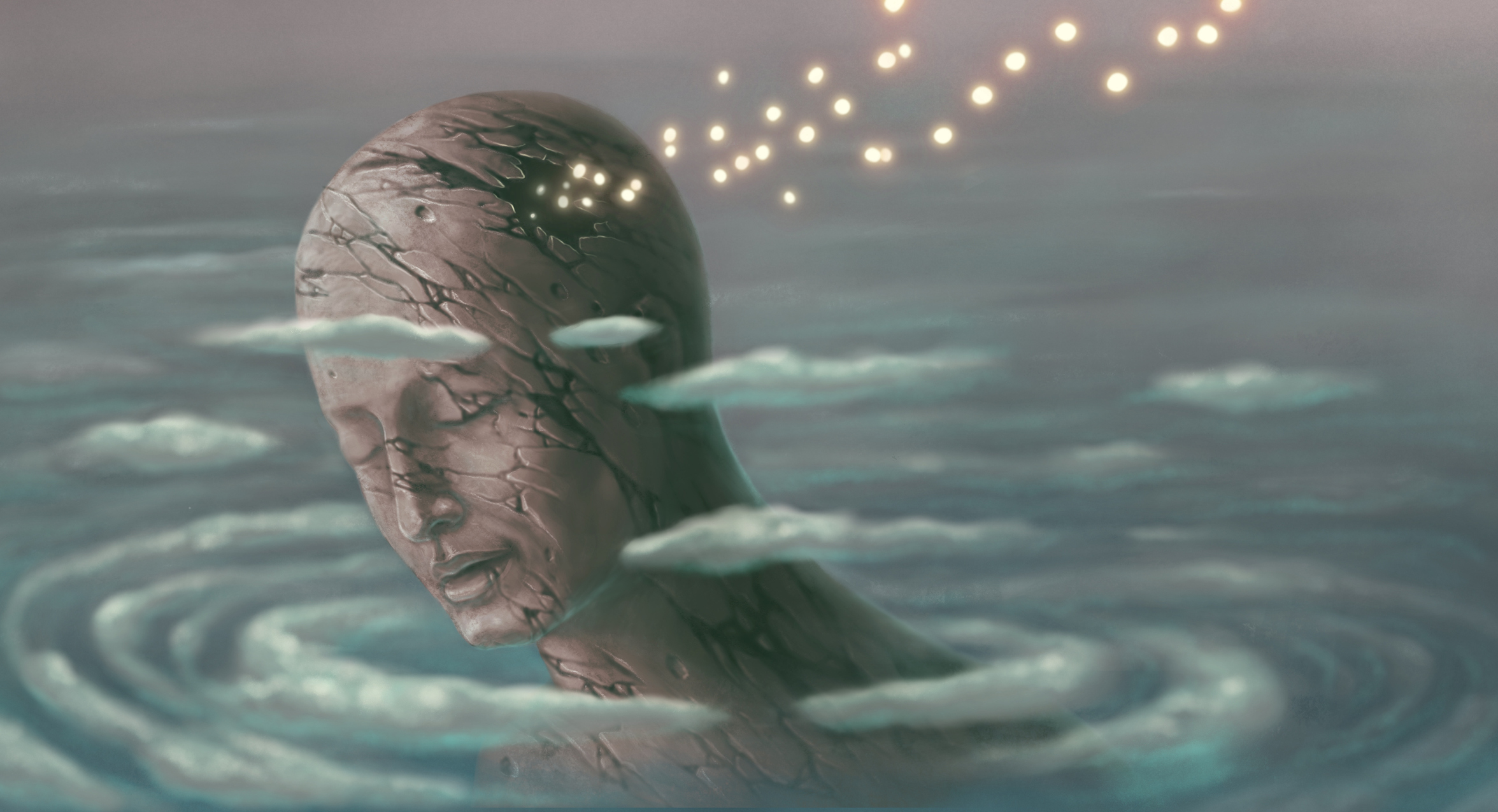 Stone person in water with swirling clouds and light emanating from them