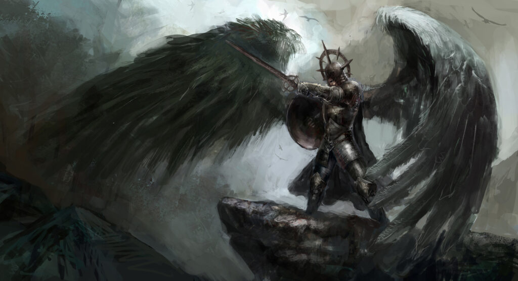 Fallen angel with wings wielding a sword