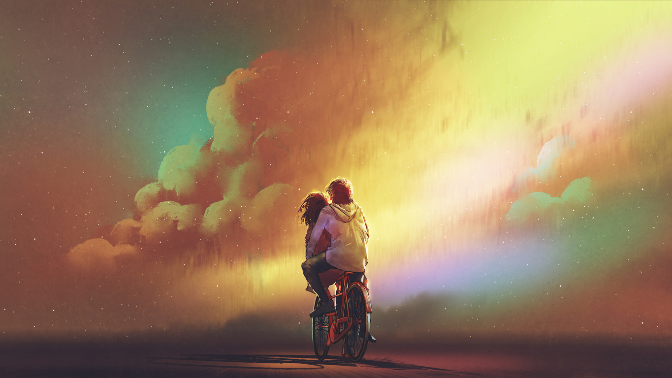 Two people riding a bicycle into the sunshine illustration