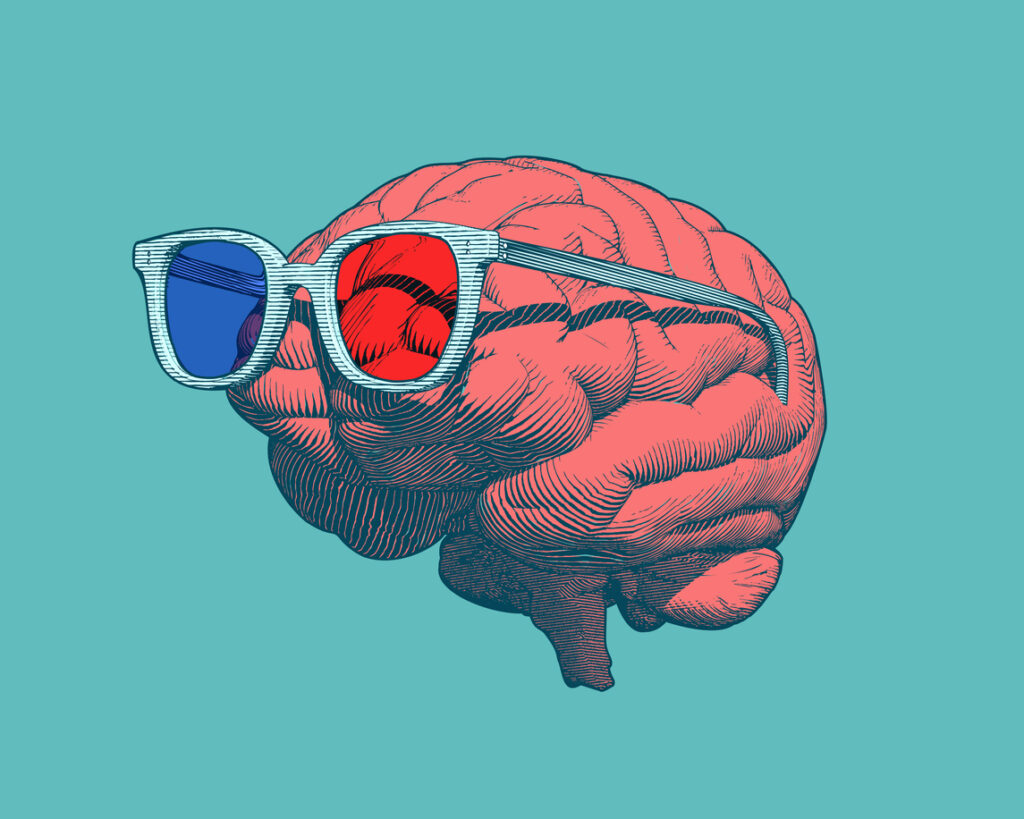 Floating brain wearing 3D glasses