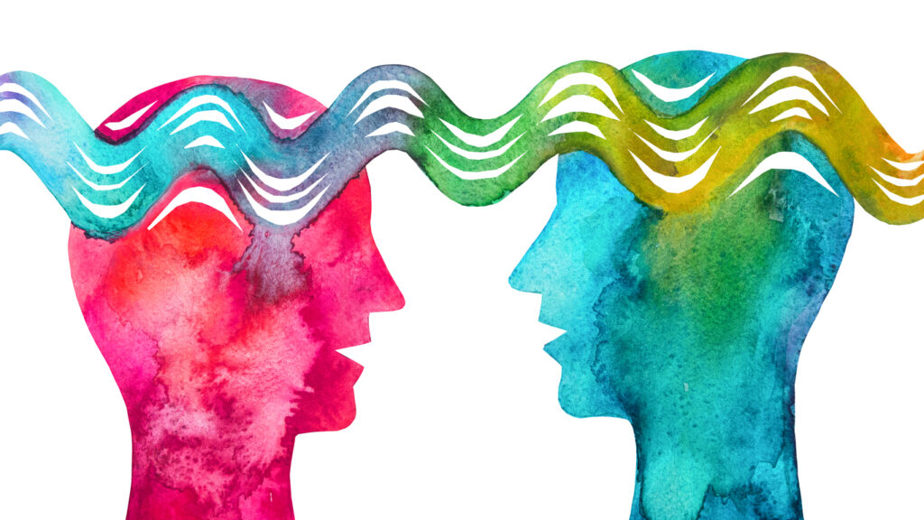 Watercolour painting of two heads sharing brainwaves linear learning
