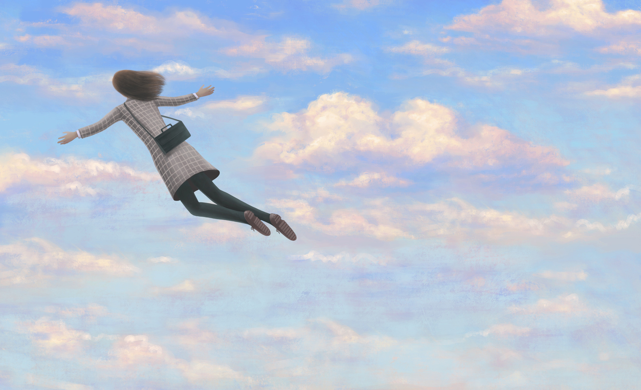 Business woman flying away across a blue sky