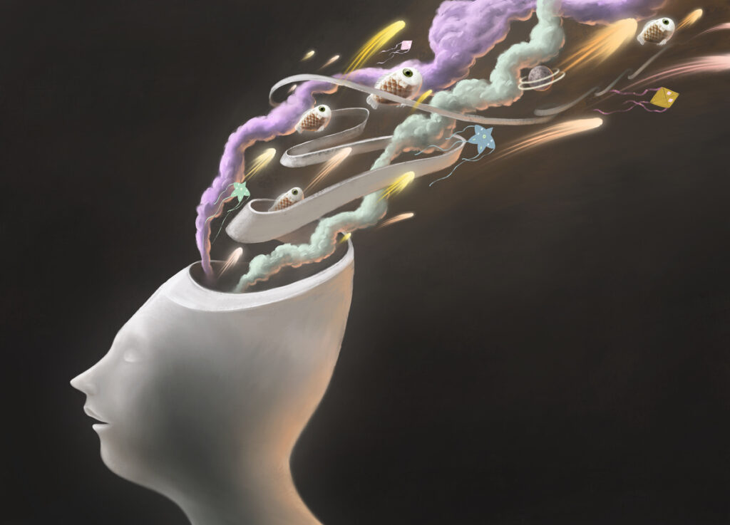 Illustration of a figure with objects flying out of their head neurodiversity