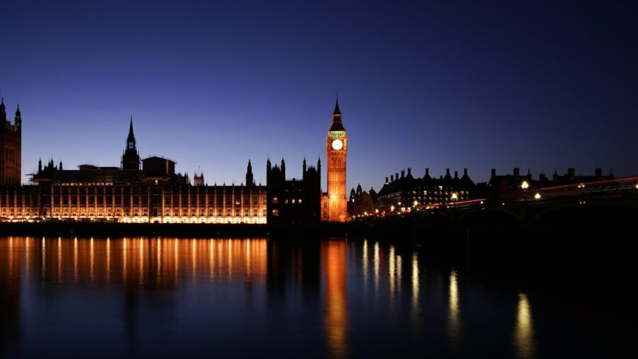 Big Ben's Clock at night. Skills England.