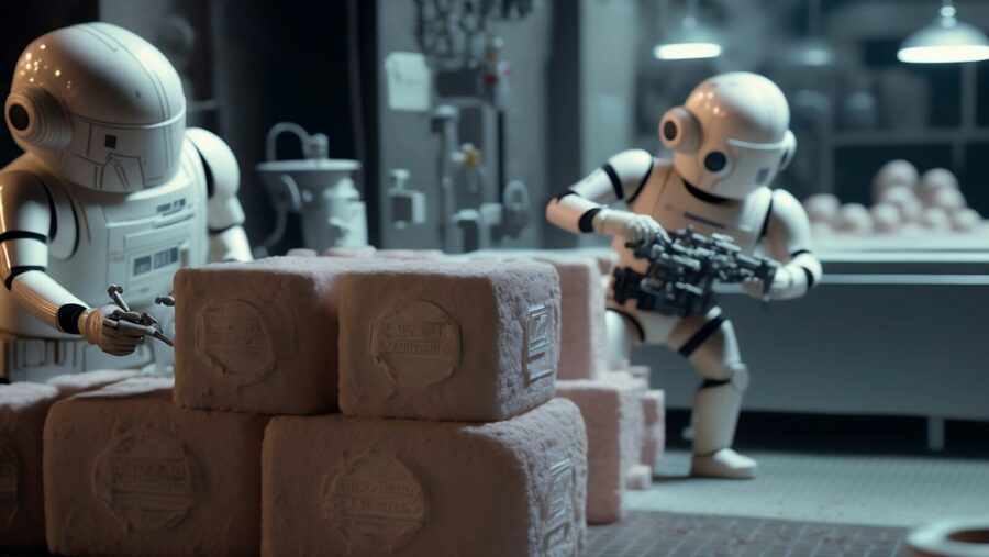 a robot holding a gun next to a pile of rolls of toilet paper: Ai training