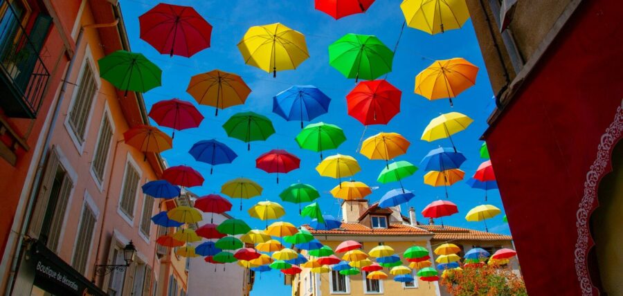 hanging umbrellas during daytime: skills