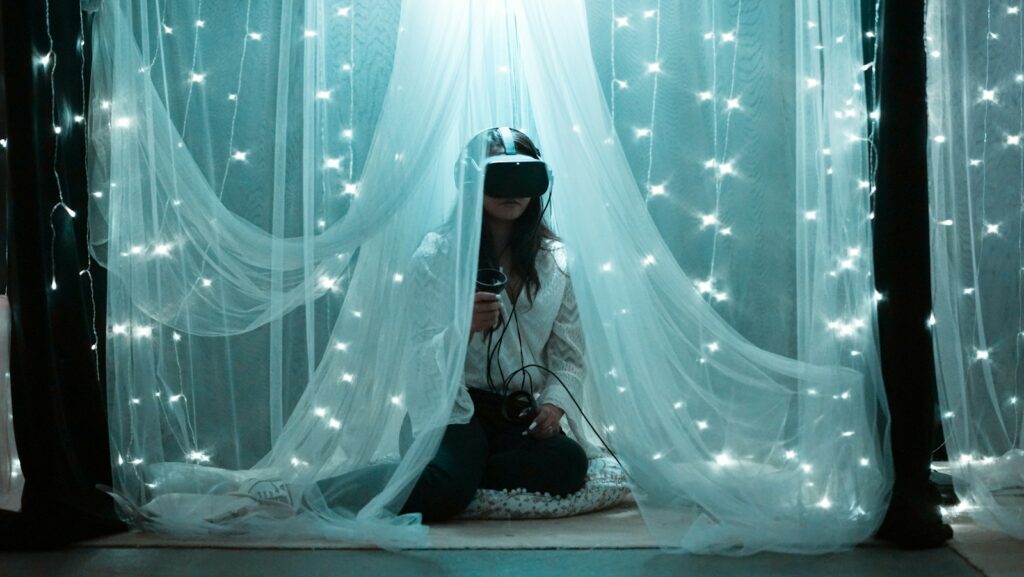 woman in black and white dress sitting on bed, AI resolve conflict