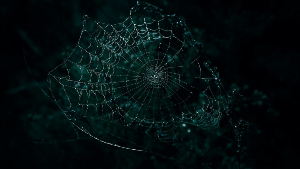 a spider web with dew drops on it